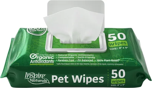 Inspire Naturals Toallitas para mascotas para perros y gatos 100% naturales a base de plantas con antioxidantes orgánicos, desodorizante de limpieza