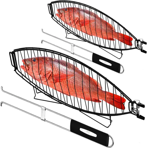 RTT Cesta para parrilla de pescado, 2 paquetes, cesta grande de acero inoxidable de alta calidad para asar a la parrilla, perfecta para cocinar