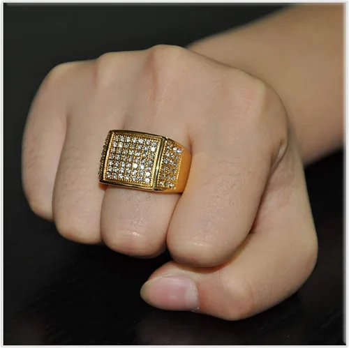Miniatura 6 de Xusamss Hip Hop chapado en oro de 18 quilates de acero inoxidable cuadrado anillo de cristal