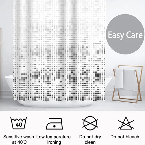 Miniatura 6 de Decoreagy Cortina de ducha gris y blanca, cortinas de ducha de baño negras degradadas, cortinas de baño de tela impermeable con 12 ganchos, 72 x 72