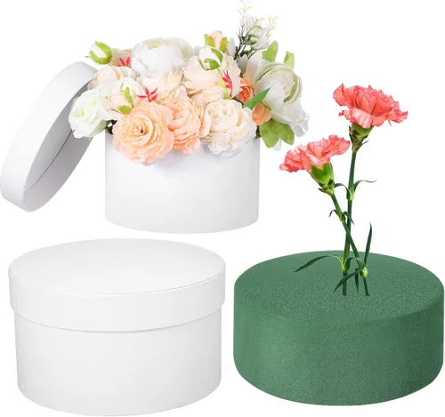 Miniatura 8 de Nuenen Caja de regalo redonda con tapa y juego de espuma floral, negro, 2 piezas, cajas de regalo para flores para el día de la madre, dama