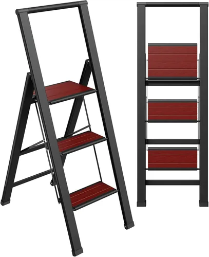 Miniatura 8 de Escalera plegable de 1 escalón, decorativa, hermosa caoba y aluminio negro, perfil ultra delgado, peldaños antideslizantes, resistente y portátil