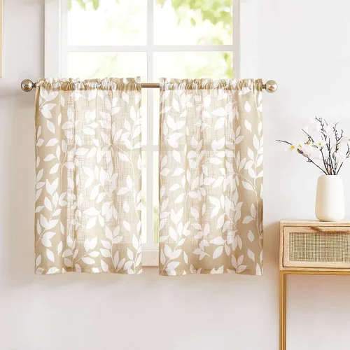 Miniatura 13 de Treatmentex Cortinas azules de cocina de 24 pulgadas con estampado de hojas blancas cortas para ventanas pequeñas, 2 paneles