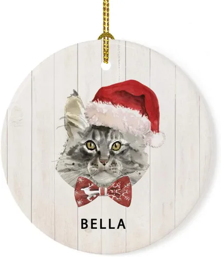Miniatura 15 de Andaz Press Adorno redondo personalizado de cerámica para árbol de Navidad, abisinio, corona de acebo, sombrero de Papá Noel, con gráfico de gato
