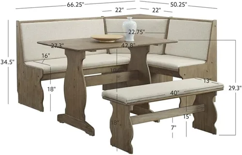 Miniatura 5 de Linon Natasha - Juego de comedor de esquina de madera de transición con asientos tapizados, requiere montaje alguno, asientos hasta 5 personas