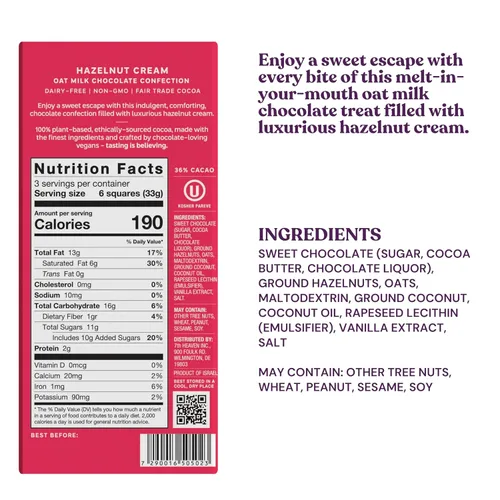 Miniatura 2 de 7th Heaven, Barras veganas de chocolate con leche de avena: crema de avellana (3.5 oz - paquete de 4), chocolate saludable, regalo perfecto de San