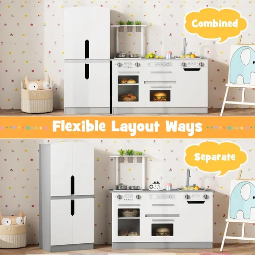 Miniatura 3 de Costzon Juego de cocina para niños, juego modular de madera de 2 piezas con agua corriente, sonido y luz, nevera, lavavajillas, microondas, horno