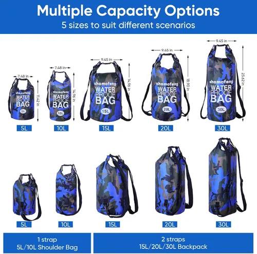 Miniatura 3 de Bolsa seca impermeable de 5L/10L/15L/20L/30L Mochila de almacenamiento en seco con funda para teléfono, botella de agua plegable, gafas de sol, Azul