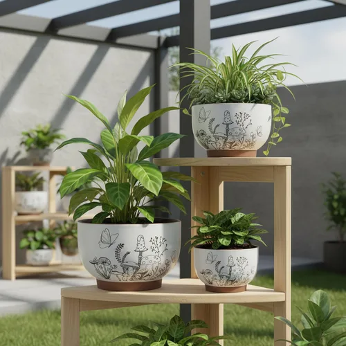 Miniatura 5 de Macetas suculentas de terracota, maceta de 6 pulgadas para plantas con orificio de drenaje, maceta de cerámica con patrón de hongos, macetas