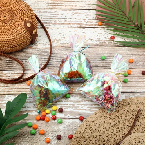 Miniatura 7 de Shappy 120 bolsas de celofán iridiscentes, pequeñas bolsas holográficas con lazos giratorios, envoltura de regalo iridiscente para boda, cumpleaños