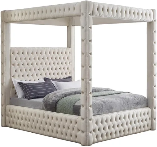 Meridian Furniture RoyalCream-Q Colección Royal moderna, cama Queen tapizada de terciopelo contemporáneo con terciopelo crema suave, acolchado