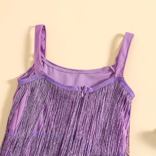 Miniatura 5 de WALLARENEAR Vestido de lentejuelas para niños, vestido sin mangas con borlas brillantes, vestido de baile latino para fiesta, vestido de baile