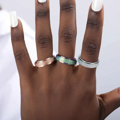 Miniatura 17 de LAOYOU Anillo giratorio para aliviar la ansiedad y la ansiedad para mujer, acero inoxidable de 0.236 pulgadas, con purpurina, para aliviar