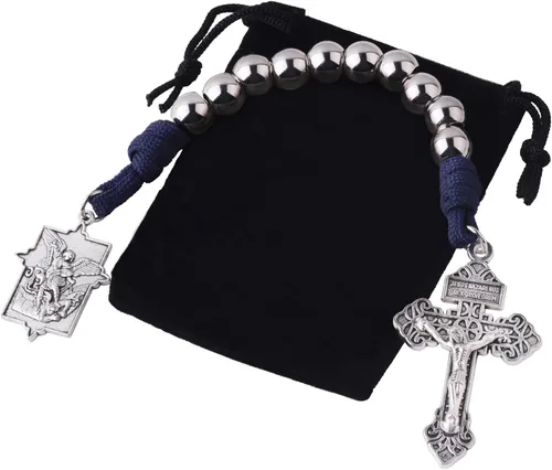 Rosario de bolsillo estilo abierto una década de acero inoxidable rosario católico con crucifijo medalla de San Benito con bolsa de regalo