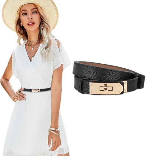Miniatura 448 de Cinturón de cuero clásico con hebilla de metal para mujer con vestido de jeans