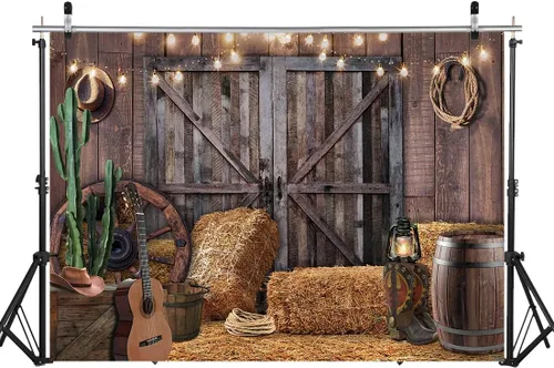 Miniatura 2 de Telón de fondo con tema de vaquero occidental para fotografía, puerta de granero rústica con balas de heno, cactus, luces de cuerda de guitarra
