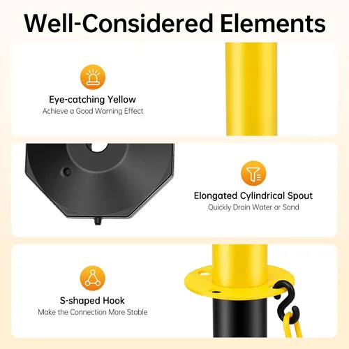 Miniatura 5 de 6 piezas de conos de tráfico con base rellenable de polietileno amarillo, poste de estacionamiento portátil con cadenas de 6.6 pulgadas, conos