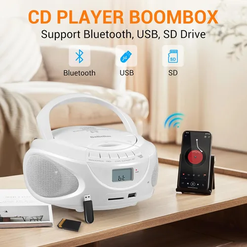 Miniatura 2 de Gelielim Boombox reproductor de CD portátil con Bluetooth, pequeña radio AM/FM, sonido estéreo, reproductor de disco de carga superior
