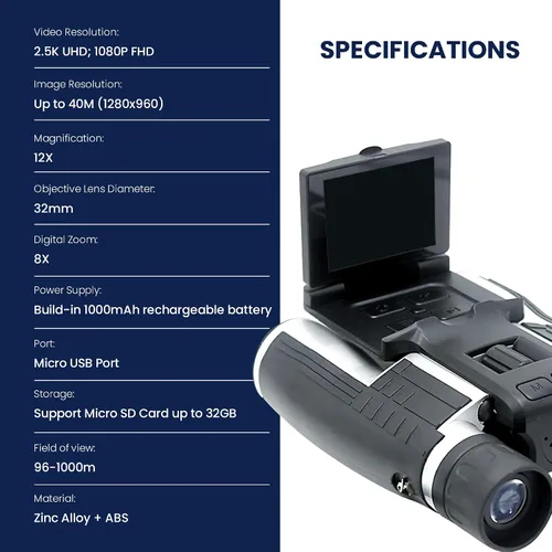 Miniatura 4 de thunderb Binoculares digitales con cámara y grabación de video de 12 x 32 pulgadas, videocámara para cámaras de observación de aves, binoculares