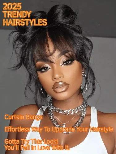 Miniatura 2 de Julia Hair Pelucas frontales de encaje sin pegamento 13X4 HD Pre Everything de cabello humano esponjoso natural ondas sueltas con flequillo cortina