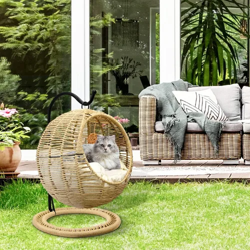 Miniatura 7 de BROWN-BROWN Cama colgante de mimbre hecha a mano para gatos, silla de huevo oscilante con cojín extraíble y bola colgante, acogedora hamaca