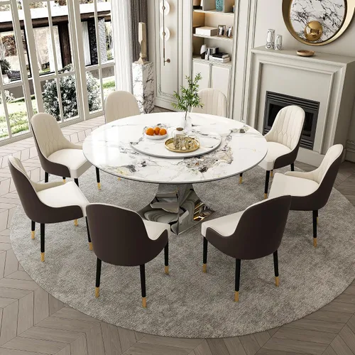 Miniatura 18 de Mesa de comedor redonda, mesa de comedor de piedra sinterizada blanca, base moderna de acero inoxidable sólido