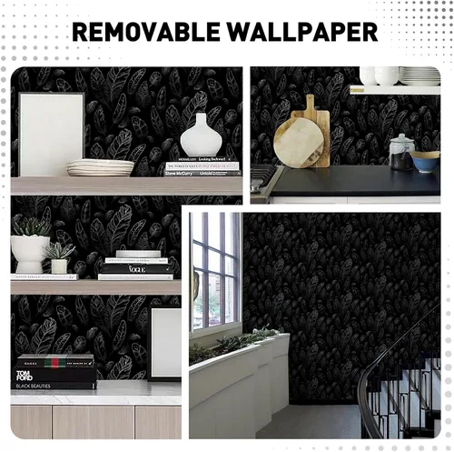 Miniatura 9 de Papel tapiz negro para despegar y pegar de 17.7 x 80 pulgadas, papel tapiz de plumas extraíble, moderno, papel de pared de vinilo impermeable, papel