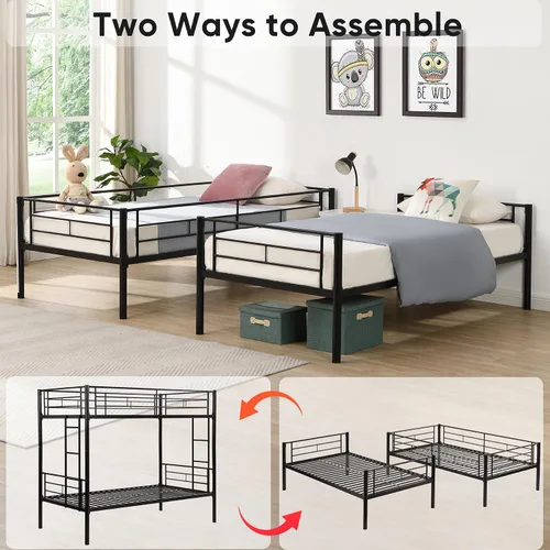 Miniatura 7 de Litera de metal individual sobre cama individual para niños, niñas, adolescentes y adultos, base de cama de tamaño individual con barandilla