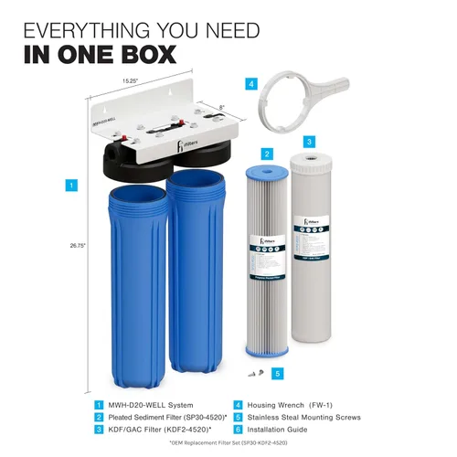 Miniatura 8 de iFilters MWH-D20-WELL - Sistema de filtro de agua de pozo de doble etapa de 4.5 x 20 pulgadas para toda la casa - Filtración de sedimentos