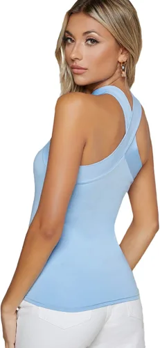 Miniatura 2 de Floerns - Blusa sin mangas con cuello halter cruzado, de un solo color, para mujer, Azul Pastel, M