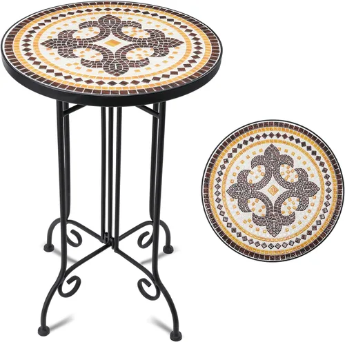 Miniatura 10 de VCUTEKA Mesa auxiliar de mosaico, mesa auxiliar redonda de 21" con tapa de baldosas cerámicas de 14", mesa auxiliar de acento para patio