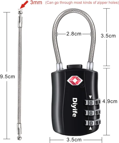 Miniatura 3 de Candados de equipaje TSA, cerradura de equipaje aprobada por la TSA de Diyife Cerradura de combinación de 3 dígitos reconfigurable, 2 piezas, negro