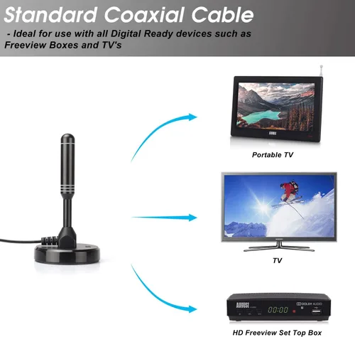 Miniatura 3 de Antena HDTV - August DTA240 - Antena digital portátil para interiores/exteriores con base magnética, cable coaxial de 2 metros, alcance de 50 millas