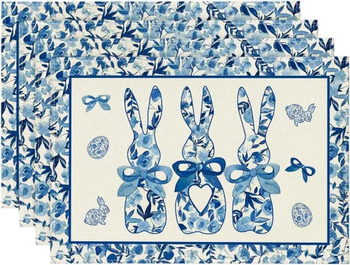 Artoid Mode Juego de 4 manteles individuales de porcelana con diseño de conejo, Pascua, 12 x 18 pulgadas, para decoración de exteriores, hogar,