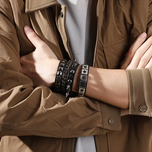 Miniatura 2 de Eigso Pulseras de cuero punk rock para hombres y mujeres, estilo retro, vintage, cadena de los años 80, para hombre y mujer