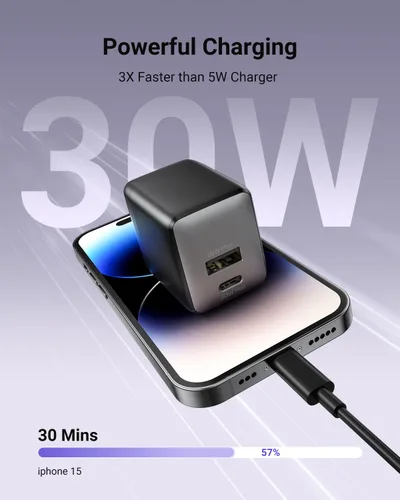 Miniatura 2 de Cargador de Carga Rápida wegear USB C, Cargador Nano GaN de 30 W de Doble Puerto con Enchufe Plegable para iPhone Serie 16/15, iPad, Galaxy S24 Negro