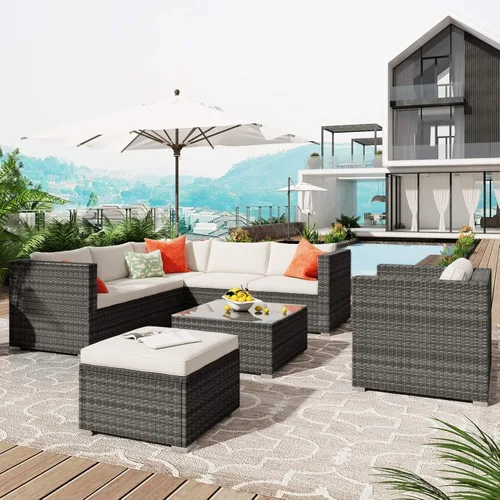 Miniatura 15 de Quarte Juego de muebles de patio de 4 piezas, sofá modular de mimbre de ratán PE para exteriores con acolchado y almohada, para porche, césped, Gris