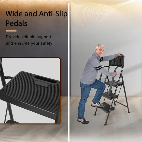 Miniatura 5 de Escalera de 3 escalones con pasamanos de seguridad, taburete plegable resistente con pedales anchos antideslizantes y pies, capacidad de 500 libras