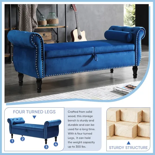 Miniatura 7 de Banco otomano de almacenamiento de terciopelo, banco de mediados de siglo con almohada de almacenamiento y lanzamiento, banco de almacenamiento