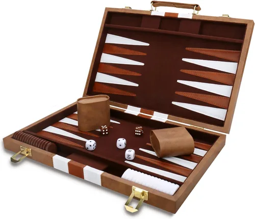 Miniatura 12 de Juego de Backgammon - Juego de mesa clásico con funda de cuero de primera calidad - Juego de estrategia de viaje portátil de backgammon para adultos