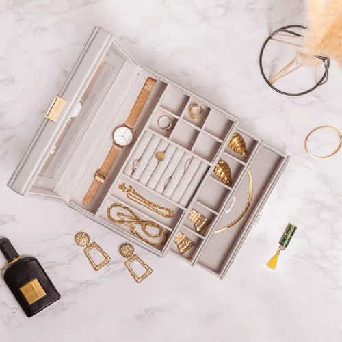 Miniatura 7 de Vlando - Joyero con espejo caja de almacenamiento para joyas de gran capacidad con espacio para aretes de niñamujer, collares, pulseras