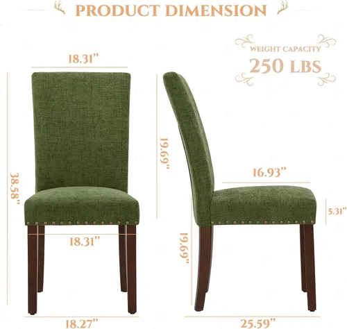 Miniatura 3 de Juego de 2 sillas de comedor Parsons, sillas tapizadas con cabeza de clavo para comedor y cocina con cojines gruesos y patas de madera, verde
