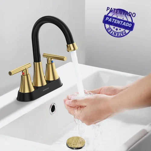 Miniatura 3 de Grifos de baño para lavabo de 3 orificios, Hurran grifo de lavabo de baño de 4 pulgadas en negro y dorado con desagüe emergente y mangueras