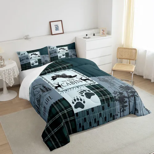 Miniatura 5 de Manfei Rutic Farmhouse - Juego de edredón tamaño King, juego de ropa de cama de retazos de madera a cuadros de ciervo, oso, árbol, 3 piezas
