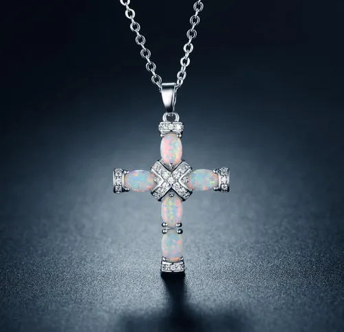 Miniatura 4 de Barzel Cadena de cruz de ópalo creada chapada en oro rosa y oro blanco con colgante, Latón