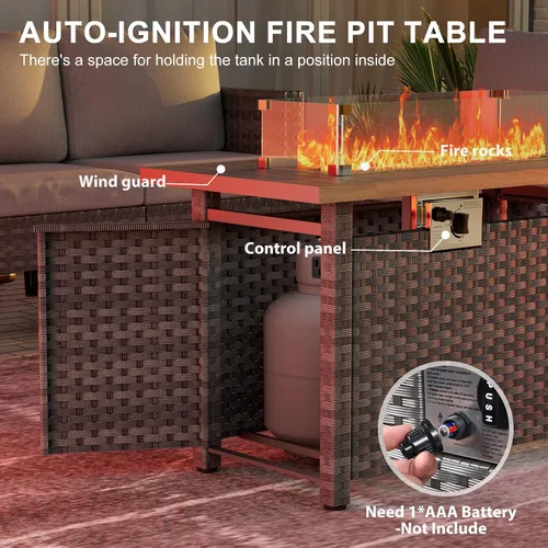 Miniatura 4 de Mesa para fogata de 44 pulgadas con protector contra el viento para exteriores, fogatas de gas propano de encendido automático, mesa rectangular