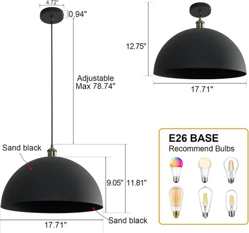 Miniatura 2 de Lámpara Colgante Vintage Negra de 17.72'' Lámpara Colgante Retro Estilo Granja de Cúpula Grande Candelabro Industrial Moderno con Cable de 78.74