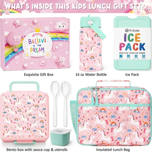 Miniatura 2 de Fimibuke Lonchera Bento para Niños con 4 Compartimentos, Bolsa de Almuerzo Aislada, Botella de Agua Aislada de Acero Inoxidable, Paquete de Hielo