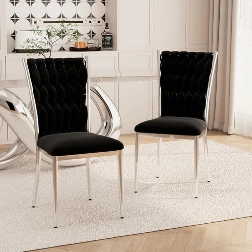 Miniatura 38 de Juego de 2 sillas de comedor de terciopelo, modernas sillas de cocina tejidas con patas de metal dorado, cojín tapizado con respaldo alto