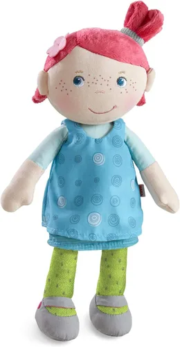 Miniatura 12 de HABA Snug Up Doll Rumbi - Muñeca suave de 10 pulgadas con cabello negro y overol rosa - Lavable a máquina para 18 meses en adelante